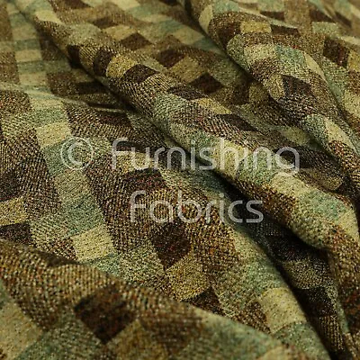 Jacquard Tapestry Geometric Square Pattern Brown Green Colour Upholstery Fabrics • £1.99