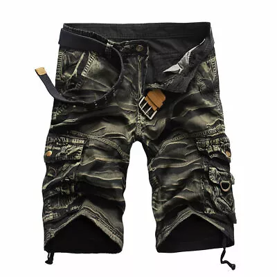 Mens Cargo Combat Shorts Cotton Chino Twill Knee Length Half Pants Multi Pockets • £12.99