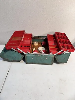 Vintage Green Waterloo Industries Metal Toolbox With 4 Red Foldout Trays Casket • $30