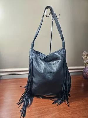 MARGOT Large Black Genuine Leather Purse Shoulder Bag Fringe Biker Street Rocker • $45