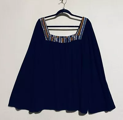 Weekend Suzanne Betro Top Womens 2X Navy Blue Bell Sleeve Square Neck Flowy Boho • $24.26