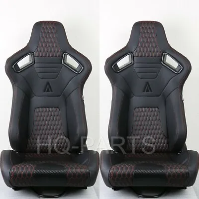 2 Tanaka Premium Black Carbon Pvc Leather Racing Seats + Red Stitch Fits Mustang • $347.81