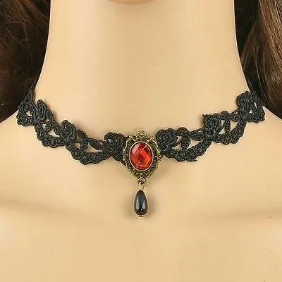 Black Lace Victorian Vintage Gothic Red Gem Chain Collar Choker Necklace Pendant • £3.49