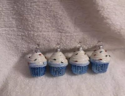 Set Of 4 GLITTER CUPCAKES MINI TREE Christmas ORNAMENTS Pale Blue/White • $10.50