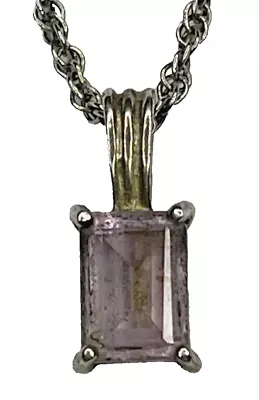 Vintage Signed OW Sterling 925 Emerald Cut Purple Amethyst Pendant 18'' Necklace • $31.95