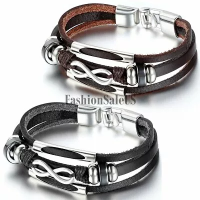 Mens Womens Love Infinity Symbol Leather Strap Bracelet Charm Unisex Cuff Bangle • $7.99