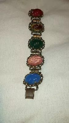 Vtg. Bracelet W 5 Gemstone Scarab  Cabs • $35