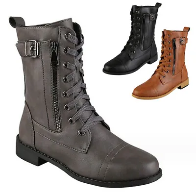 Womens Ladies Flat Low Heel Lace Up Zip Combat Army Military Ankle Boots Size • £22.98