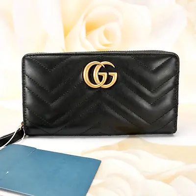 Gucci Women's Marmont Continental Quilted Clutch Wallet Large Black Leather Zip • $994.50