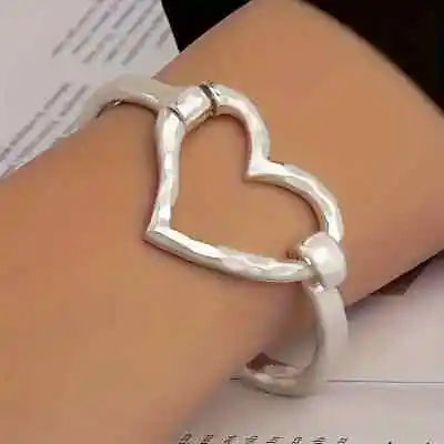 925 Sterling Silver I Love You Hollow Heart Charm Wristband Bracelet Bangle Cuff • $15.74