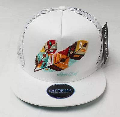 Lost Calf Adult Feather Tribe Flat Trucker Hat SV3 White Adjustable NWT • $34.99