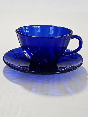 Vintage Duralex Vereco Cobalt Blue Swirl Tea/Coffee Cup & Saucer France • $13