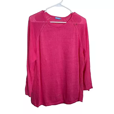 J. McLaughlin Sweater Women's Large Pink Knit Pullover Long Sleeve Eyelet Linen • $9