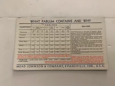 Vintage What Pablum Contains And Why Mead Johnson & Company Indiana Ink Blotter • $14.99