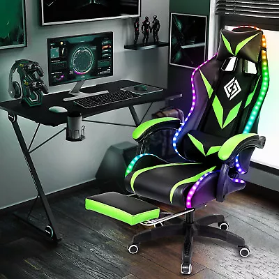 LED Executive Massage Office Chair Gaming Reclining Footrest Ergonomic Green • $169.99