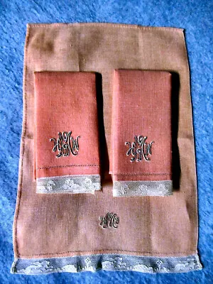 3 Vintage Fingertip Towels Coral & Peach Linen Figural French Lace Monogram M • $18.95