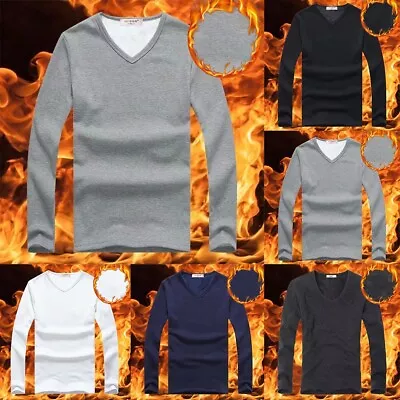 Mens Pullover Mens Tops Slim Fit Solid Color Stretch T-shirt Thermal V Neck • $18.65