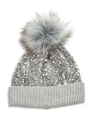MSRP $95 Jocelyn Sequin Knit Hat With Faux Fur Pom Gray Size OSFA • $37.79