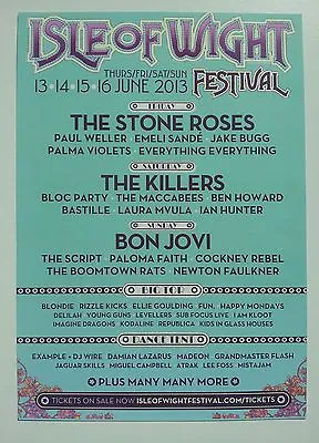 £9.99 • Buy Isle Of Wight Festival 2013 A3 Poster Bon Jovi The Killers The Stone Roses Bugg