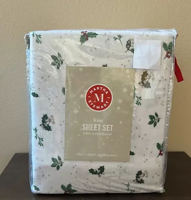 Martha Stewart King Sheet Set Christmas Holly Berry New Cotton Flannel • $119.97