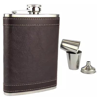 Hip Flask 8oz Gift Set Stainless Steel Brown Leather 8oz Flask 2 Cups And Funnel • £9.99