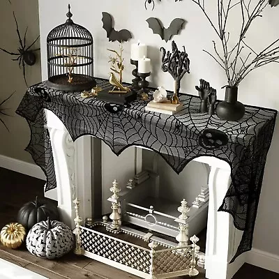 2X Halloween Black Lace Spiderweb Home Fireplace Mantle Scarf Cover Table Runner • $8.99