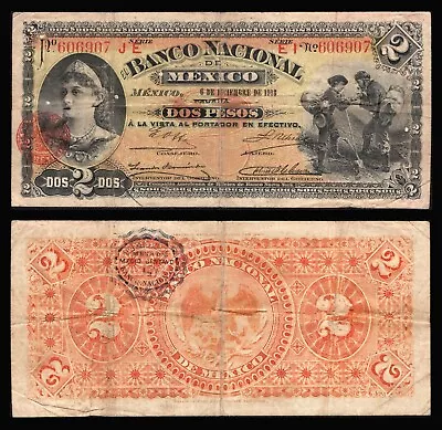 Mexico 2 Pesos El Banco Nacional De Mexico  M297b. 12-6-1913. #606907. VG. • $30