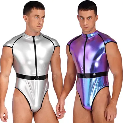 Men Astronaut Costume Shiny Leotards Zipper Front Patent Leather Skinny Bodysuit • £19.19