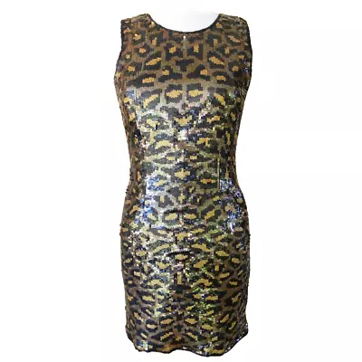 Vintage 90s Leopard Sequin Mini Dress Sleeveless Black Gold XS Mob Wife Glam • $69.99