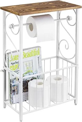 White Metal Bathroom Dual Toilet Paper Holder Stand W/ Shelf & Magazine Basket • $72.99