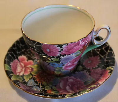 Shelley Black Crackle Chintz Cup & Saucer Old Cambridge Shape #0199 - Near Mint • $28.96