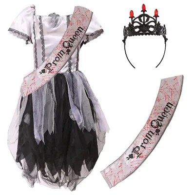 Girls Zombie Prom Queen Costume Kids Halloween Horror Childs Fancy Dress Outfit • £12.69