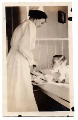 Woman Nurse Man Hospital Patient Sick Injured Bed Vintage Snapshot Photo • $7.50