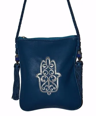 Moroccan Handbag Faux Leather Shoulder Bag Purse Embroidered Hamsa Med Blue • $9.99