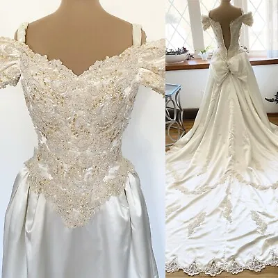 Vintage 80s Off-Shoulder Wedding Gown *Size 8* Ivory Satin Embellished Dress • $513.92