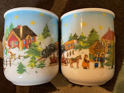 Pr Villeroy & Boch CHRISTMAS Tree Mugs 3.75 H ☃️ Snowmen Sleigh Train Church 🚂 • $50