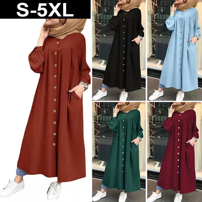 Muslim Abaya Kaftan Shirt Crew Neck Loose Maxi Tunic Women Dress Long Sleeve • £12.55