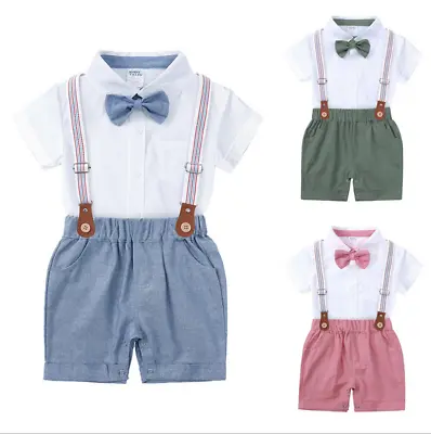 Baby Boys Wedding Outfits Toddler Suspender Shorts Formal Suit Gentleman Clothes • £8.79