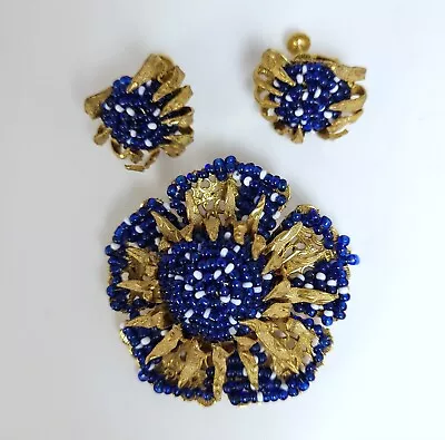 Miriam Haskell Flower Pin & Earrings Set Cobalt Blue Seed Beads • $199.99