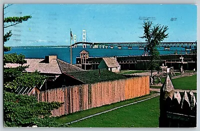 Mackinaw City Michigan - Fort Michill Mackinac & Bridge - Vintage Postcard • $5.39