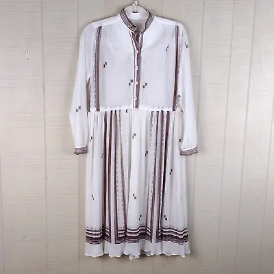 Vintage 70s Hal Ferman Pleated Shirt Dress Large Sheer White Brown Long Sleeve • $19.95