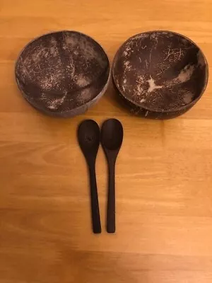 Natural Coconut Shell Eco Friendly Bowls + 2 With Spoons. Smoothed + Polished. • £7