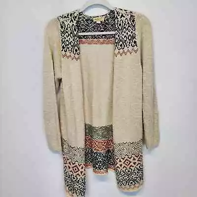 One World Womens Medium Aztec Tribal Print Cardigan Cream Long Line Open Boho • $19.86