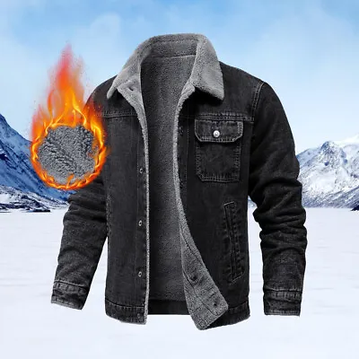 Mens Winter Warm Fleece Lined Denim Jacket Jean Coat Trucker Sherpa Fur Collar • £21.69