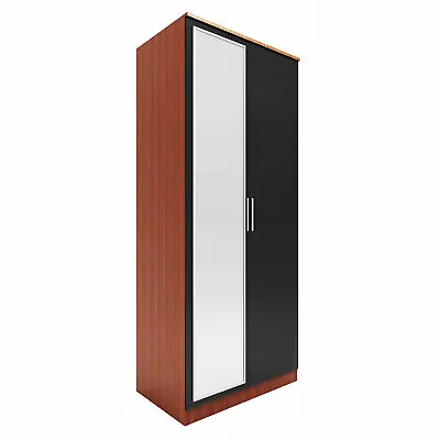 2 Double Door Wardrobe With Storage & Mirror Black Walnut Furniture Cupboard  • £147.99