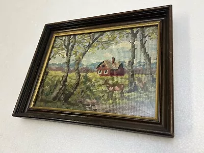 Vintage NEEDLEPOINT WALL ART Mid Century Modern COUNTRY FARM LANDSCAPE 40s Frame • $24.99