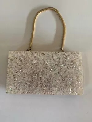 Vintage Mid Century Crushed Mother Of Pearl Minaudiere Purse Gold Plated Chain • $78