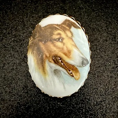 MY VINTAGE MOM’S Gold Tone COLLIE Hand Painted PORCELAIN CAMEO OVAL Brooch • $5.99