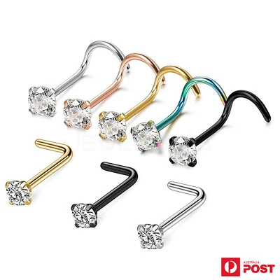 $5.99 • Buy 2x Nose Studs Surgical Steel Ring Zirconia Stone Ear Piercing Body Jewellery