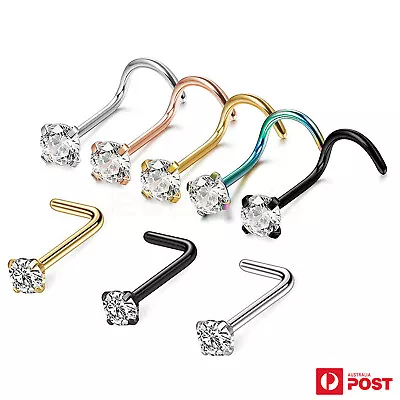 2x Nose Studs Surgical Steel Ring Zirconia Stone Ear Piercing Body Jewellery • $5.99